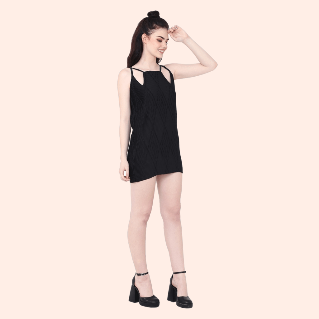 TISKA-BLACK SHORT PLEATED DRESS